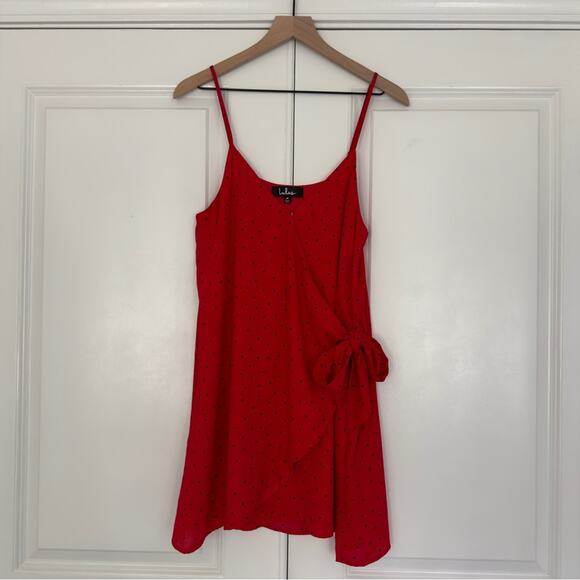 Lulus polka dot wrap dress adjustable spaghetti straps lined snap v-neck red M - Picture 1 of 9